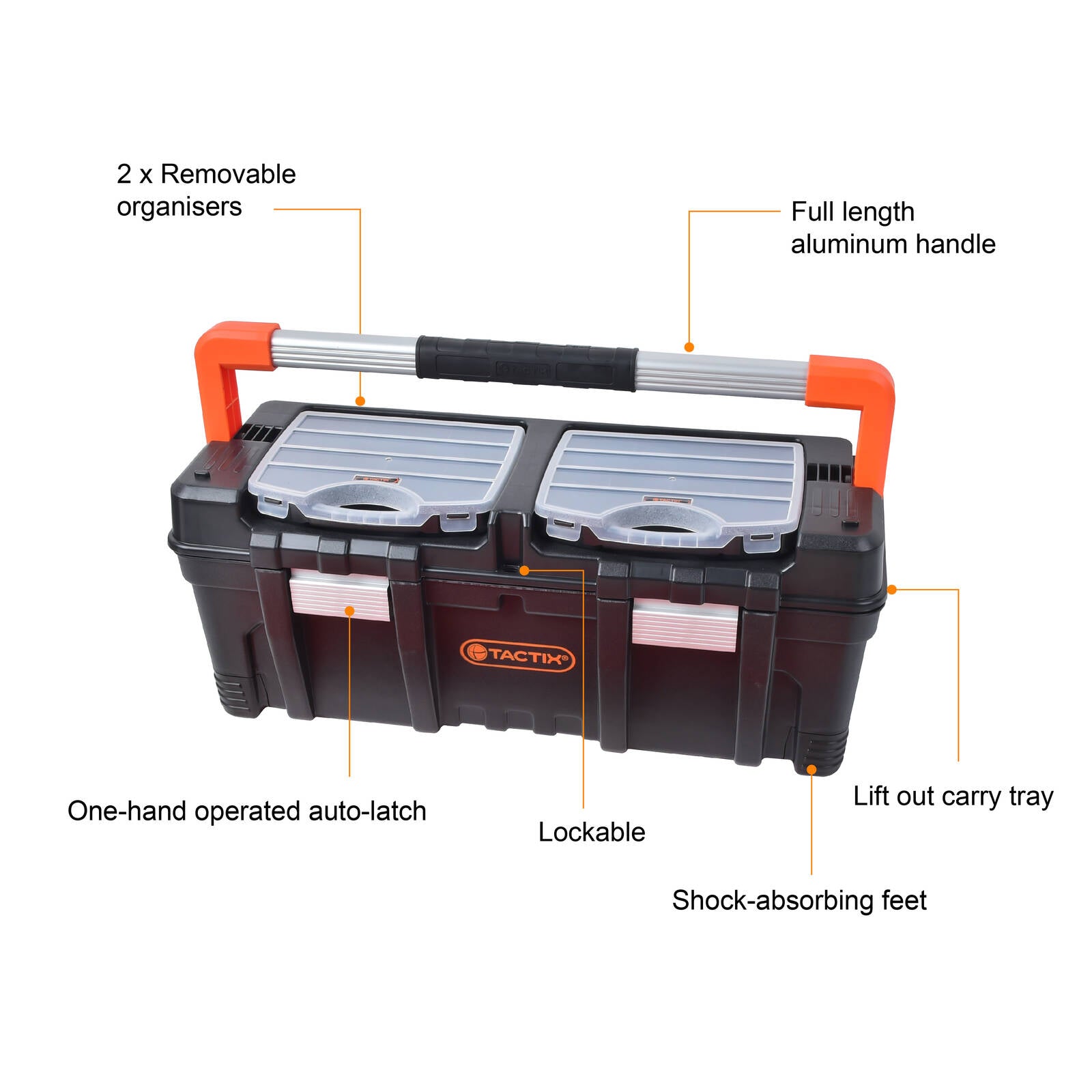 Tactix 660mm Heavy Duty Auto-Latch Tool Box, Polypropylene, with 2 Removable Organisers