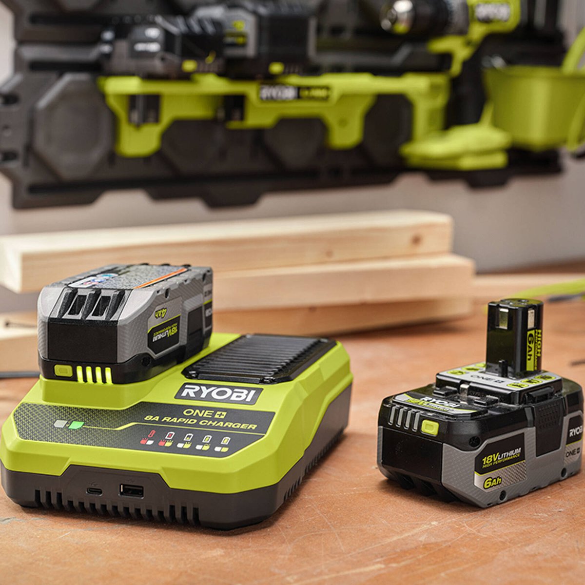 Ryobi 18V ONE+ 8A Rapid Charger RC18180 - Wall Mountable - USB Ports - 160mm x 65mm x 210mm - SuperSaverAU - view 3