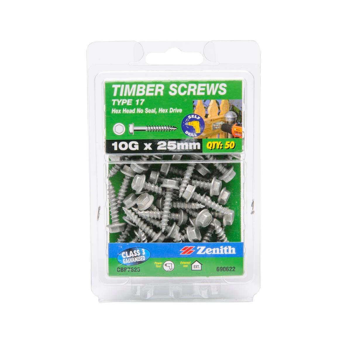 Zenith Galvanised Type 17 Hex Head Timber Screws 10g x 25mm - 50 Pack - SuperSaverAU - view 1