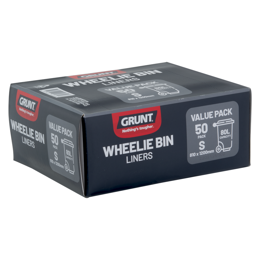 GRUNT 80L Small Wheelie Bin Liners, 50 Pack, Black Plastic