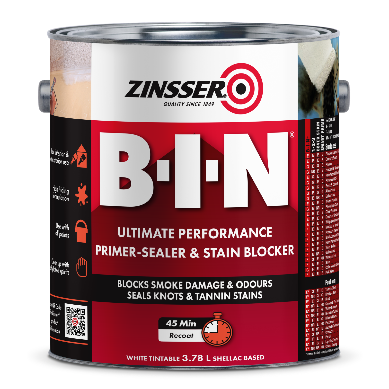 Zinsser B-I-N 3.78L White Shellac-Based Primer Sealer Stain Blocker Interior Tintable