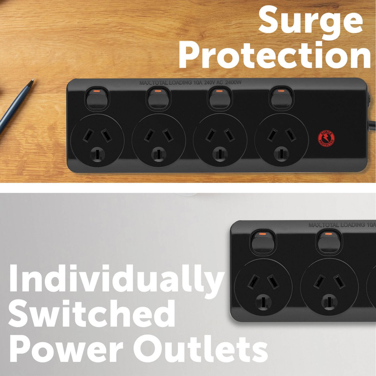 Arlec Black 4 Outlet Surge Protected Powerboard - 3m Lead - 350 Joule Protection - SuperSaverAU - view 3