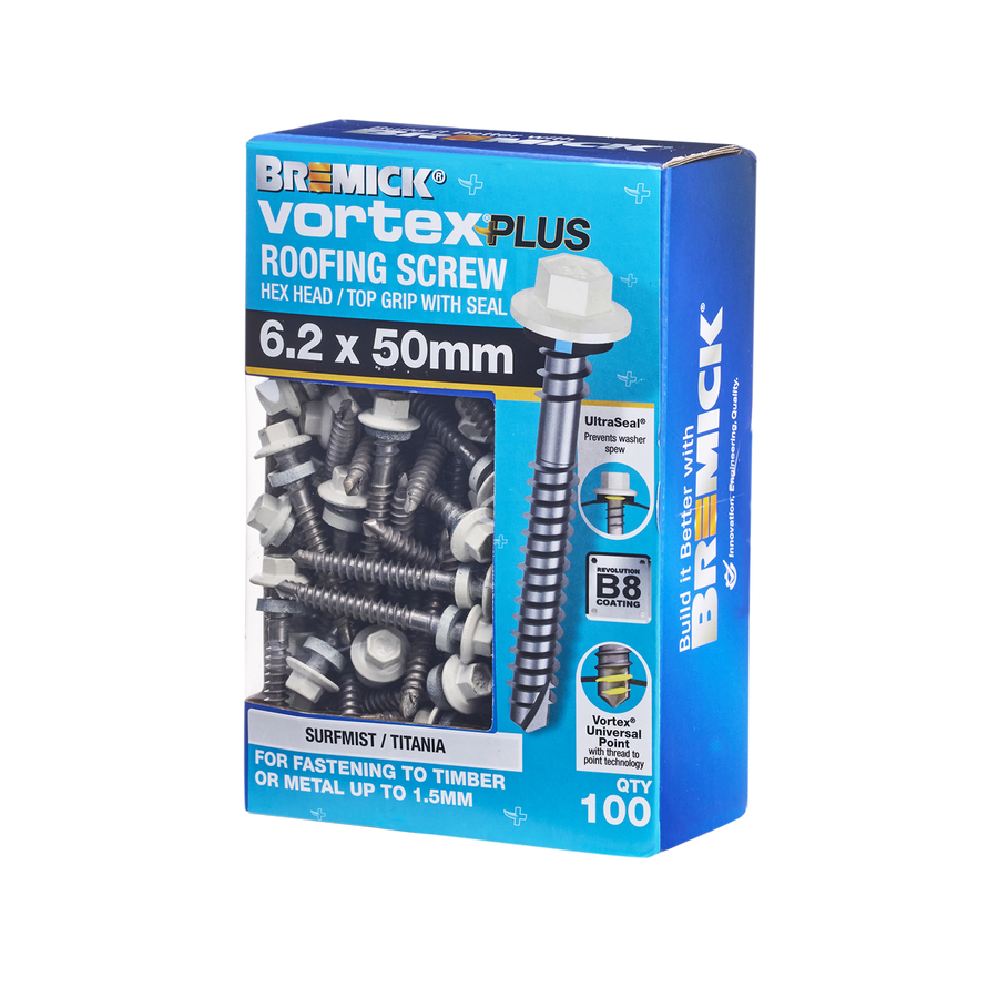 Bremick Vortex Plus Roofing Screw 6.2 x 50mm - Box of 100 - Hex Drive - Watertight Seal - SuperSaverAU - view 1