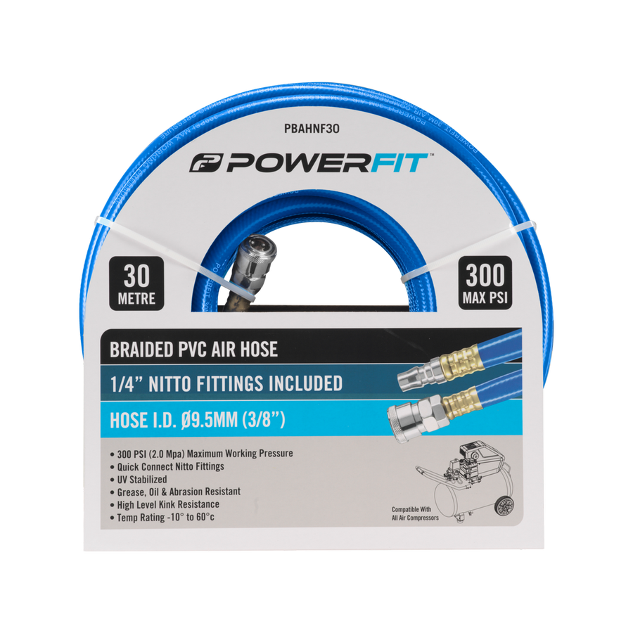 Powerfit 30m Braided Air Hose - Nitto Fittings - 300 PSI - Durable PVC - SuperSaverAU - view 1