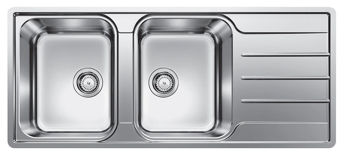 Blanco double bowl sink with right hand drainer - 18/10 stainless steel, flush or top mount - LEMIS8SLIFK5