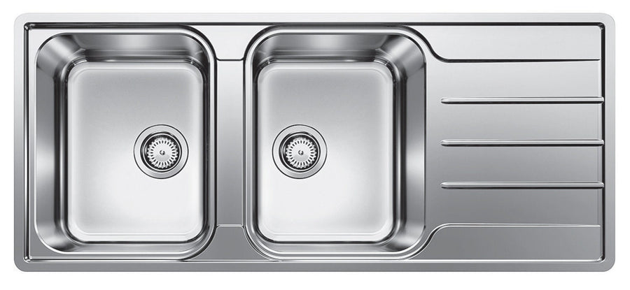 Blanco double bowl sink with right hand drainer - 18/10 stainless steel, flush or top mount - LEMIS8SLIFK5
