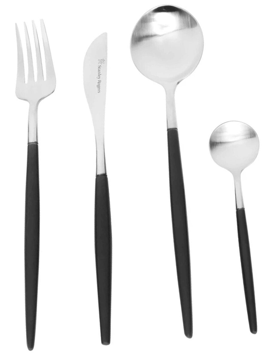 Stanley Rogers Piper Black 16 Piece Cutlery Set - Satin-Brushed Heads on Stainless Steel - 50753