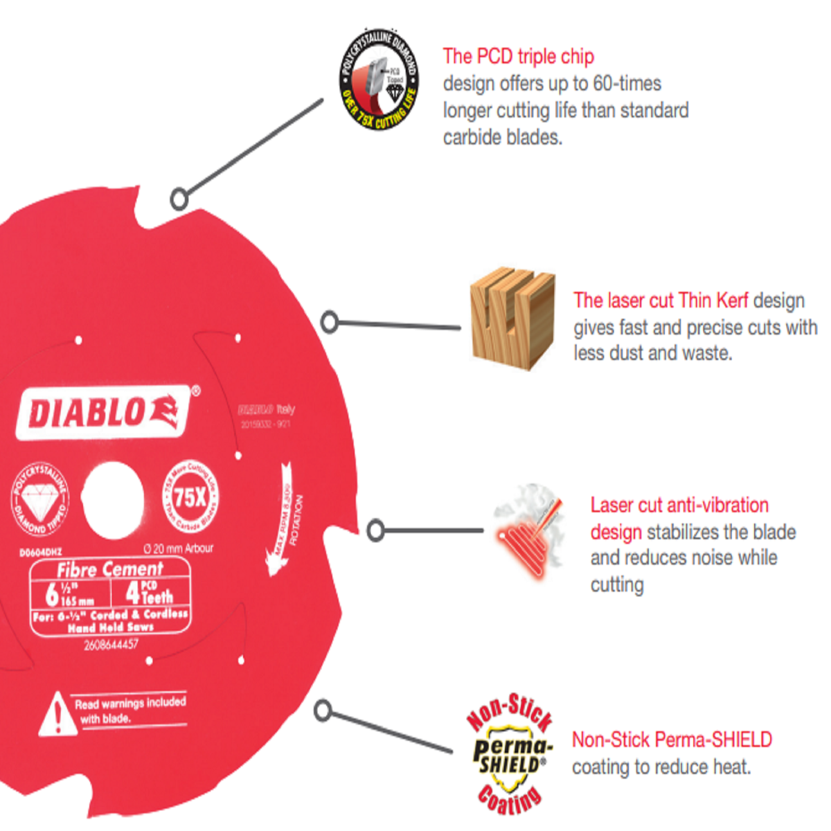 Diablo 184mm 4t Fibre Cement Circular Saw Blade - PCD Tipped - Red - Dust Reduction