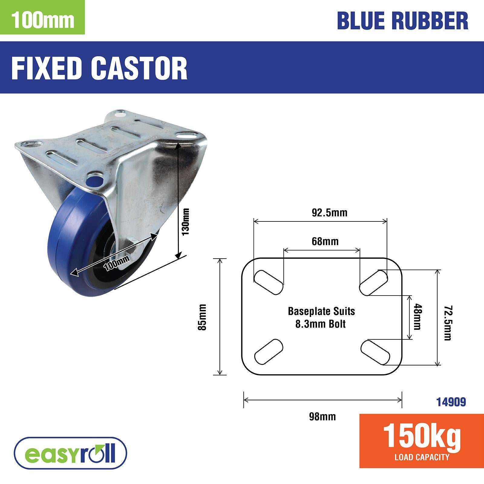 Easyroll 100mm Blue Rubber Fixed Castor 150kg Load Indoor Outdoor