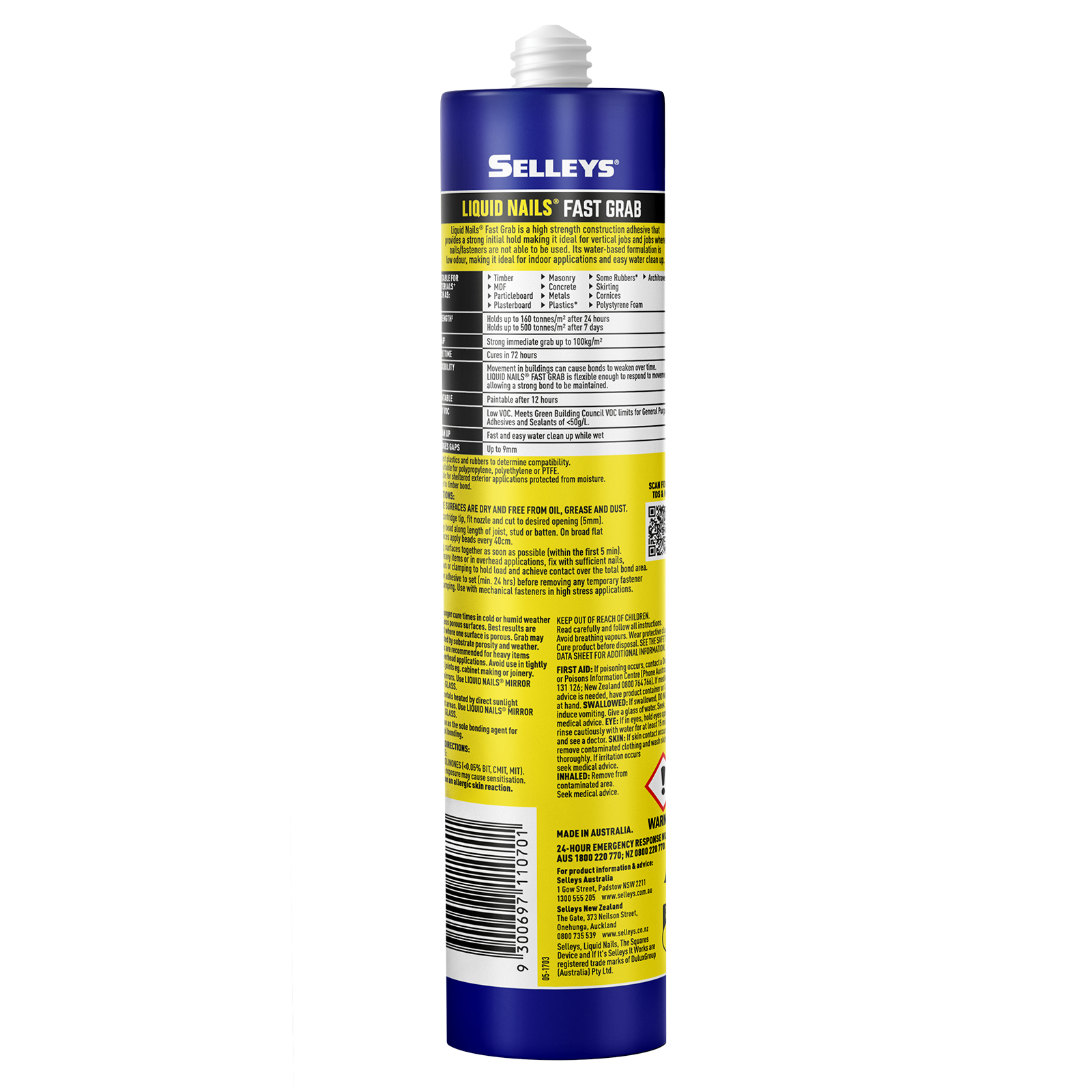 Selleys Liquid Nails Fast Grab Construction Adhesive 420g - 20 Pack, Acrylic Polymer, Bridges Gaps