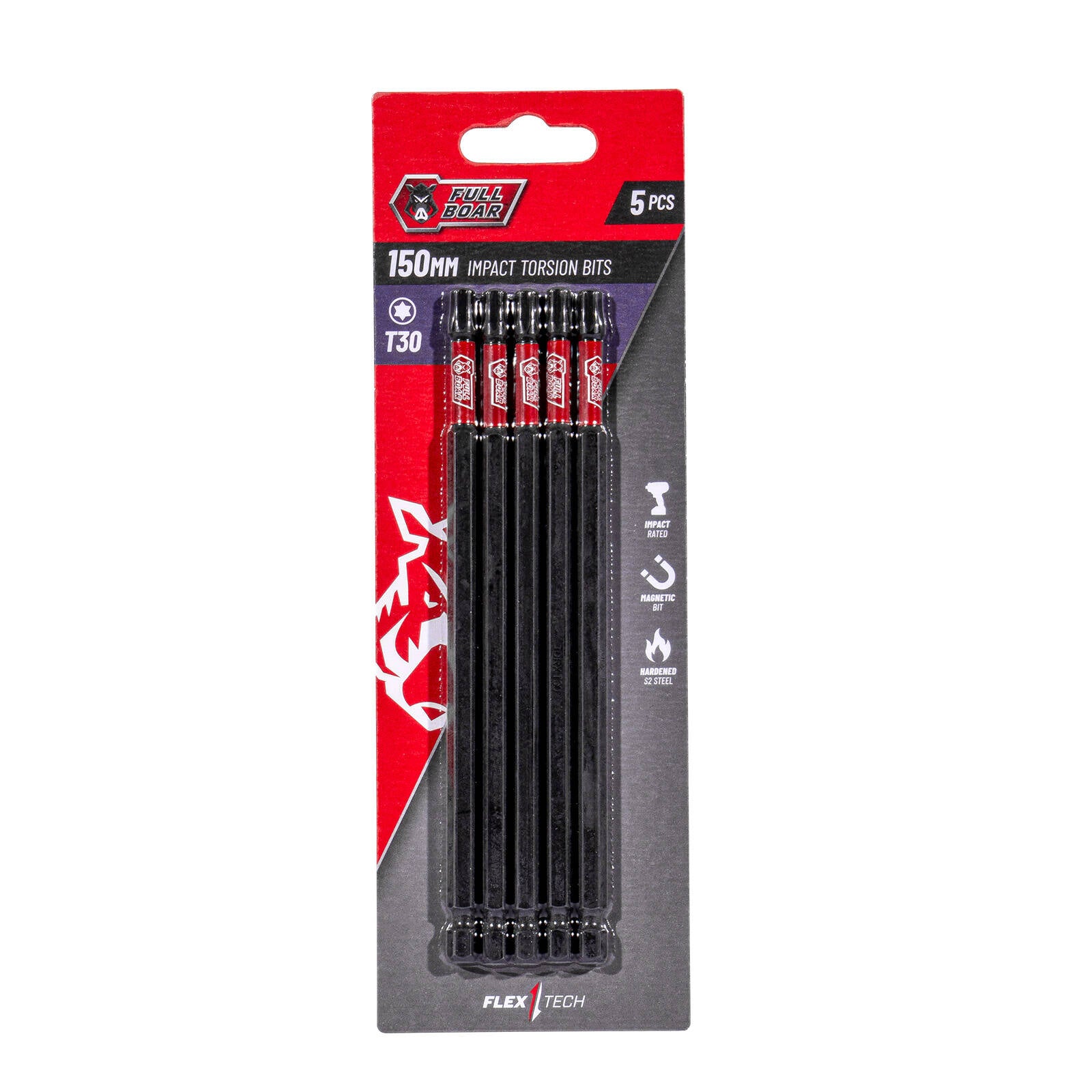 Full Boar T30 x 150mm Impact Torsion Bit - 5 Pack, S2 Steel, 1/4" Hex