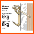 Everhang 8kg Brass Plated Steel Picture Hanging Angle Drive Hook - 25 Pack