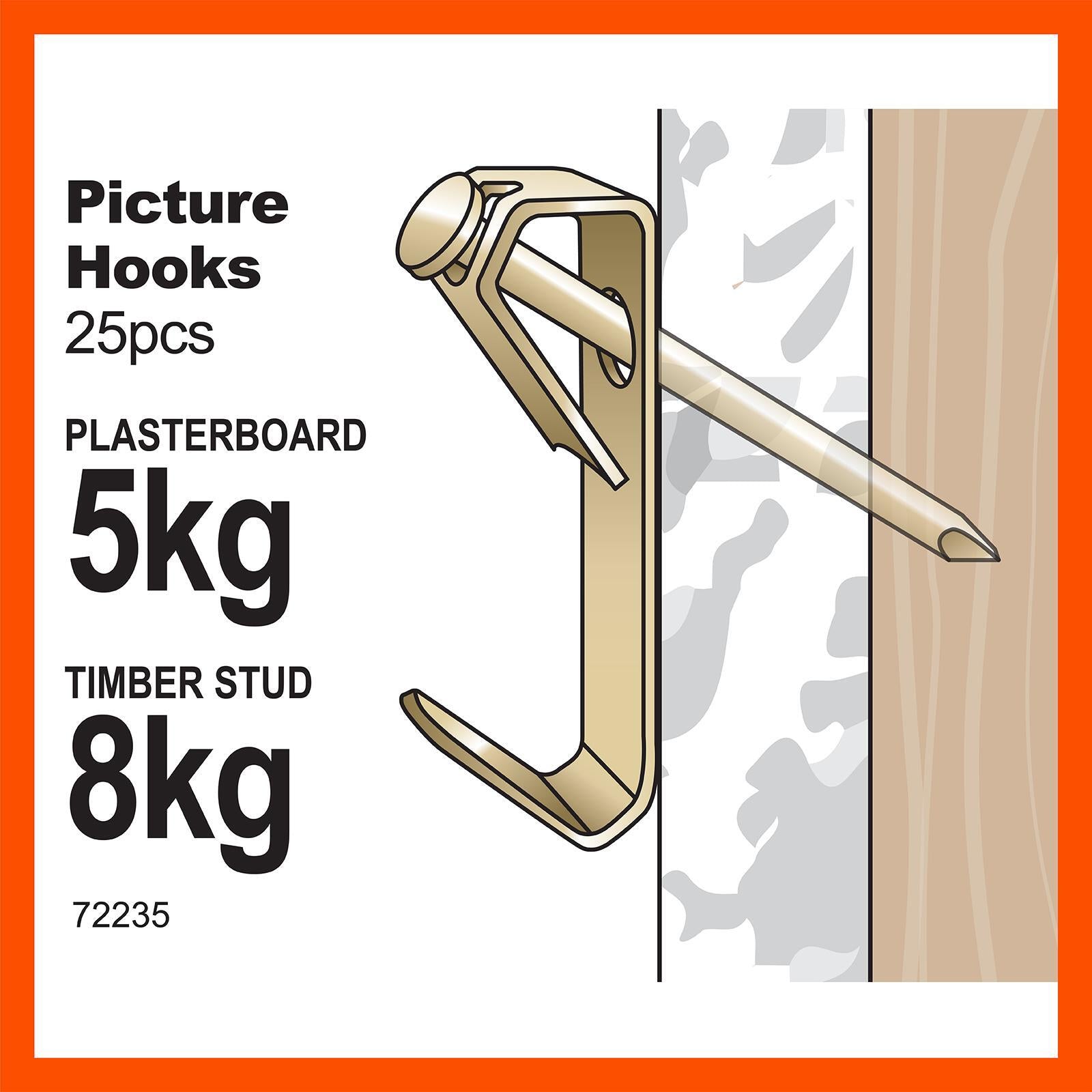 Everhang 8kg Brass Plated Steel Picture Hanging Angle Drive Hook - 25 Pack