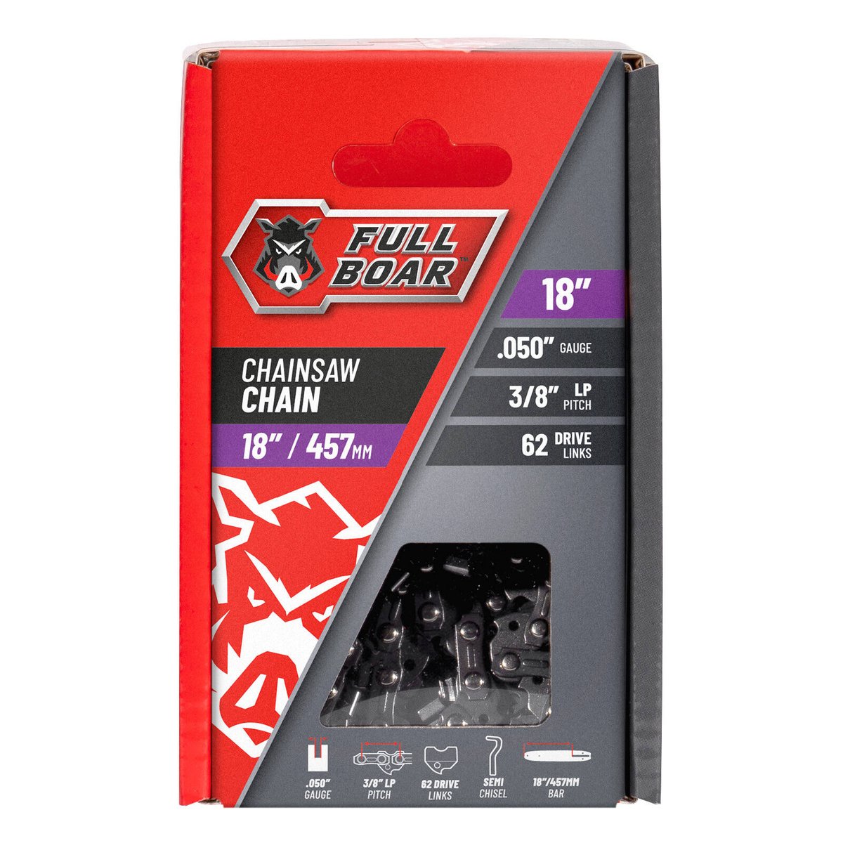 Full Boar Chainsaw Chain - 18" 457mm - 62 Drive Links - Semi Chisel - SuperSaverAU - view 1