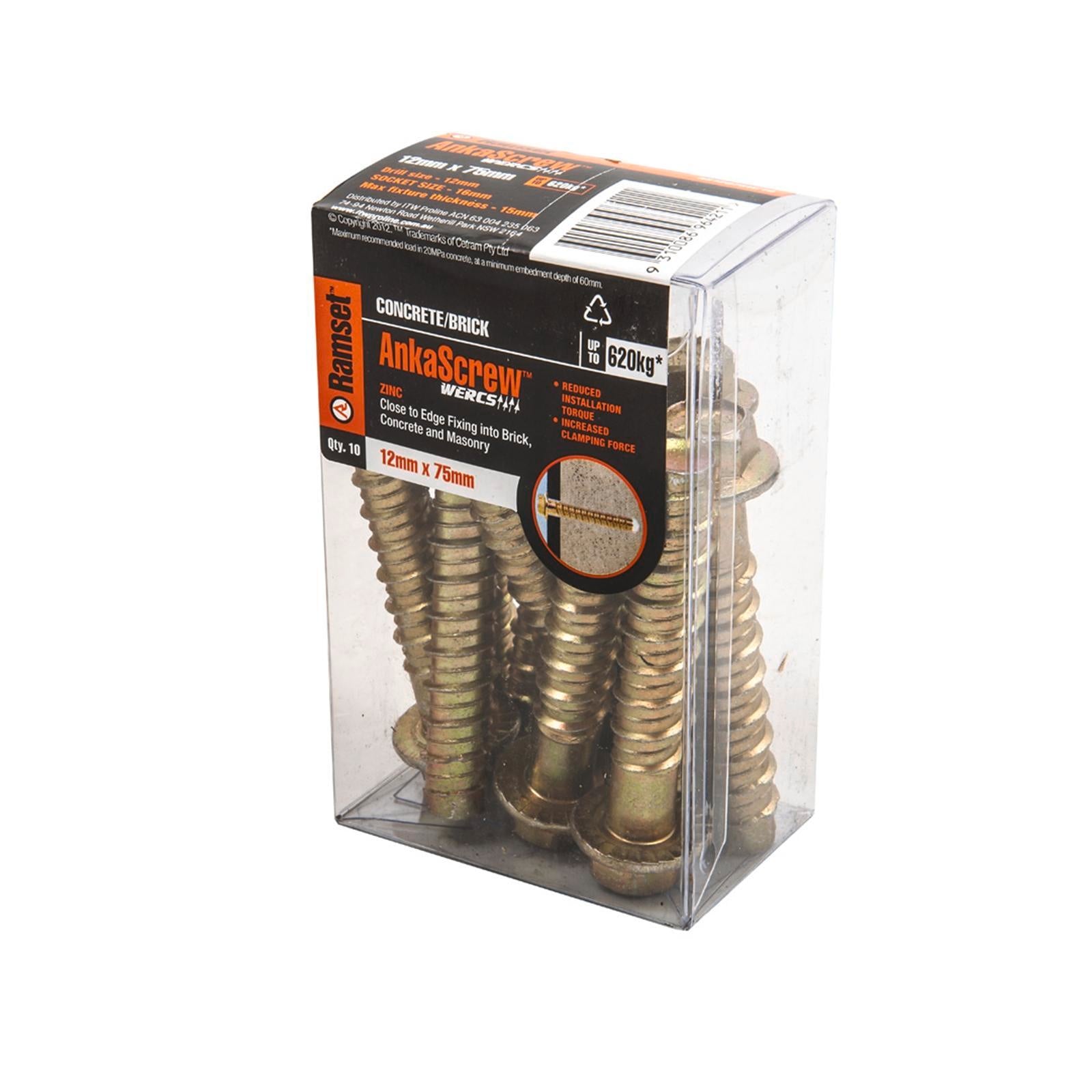 Ramset AnkaScrew 12 x 75mm Zinc-Plated Masonry Anchor - Flanged Hex Screw-In - 10 Pack