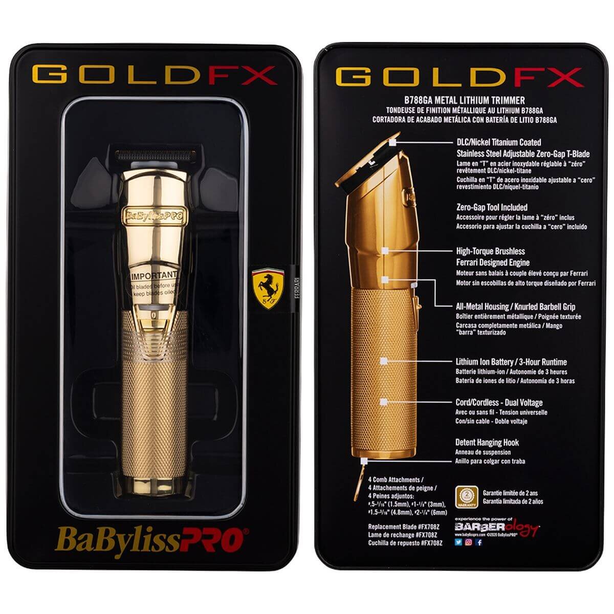 BaBylissPRO Gold FX Cord/Cordless Trimmer - Gold - 6000rpm Motor, Zero Gap Blade, 4 Combs - 900759