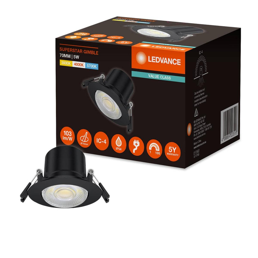Ledvance Downlight Gimble LED 70mm Black Tri Colour 5W - Dimmable - IP54 - SuperSaverAU - view 1