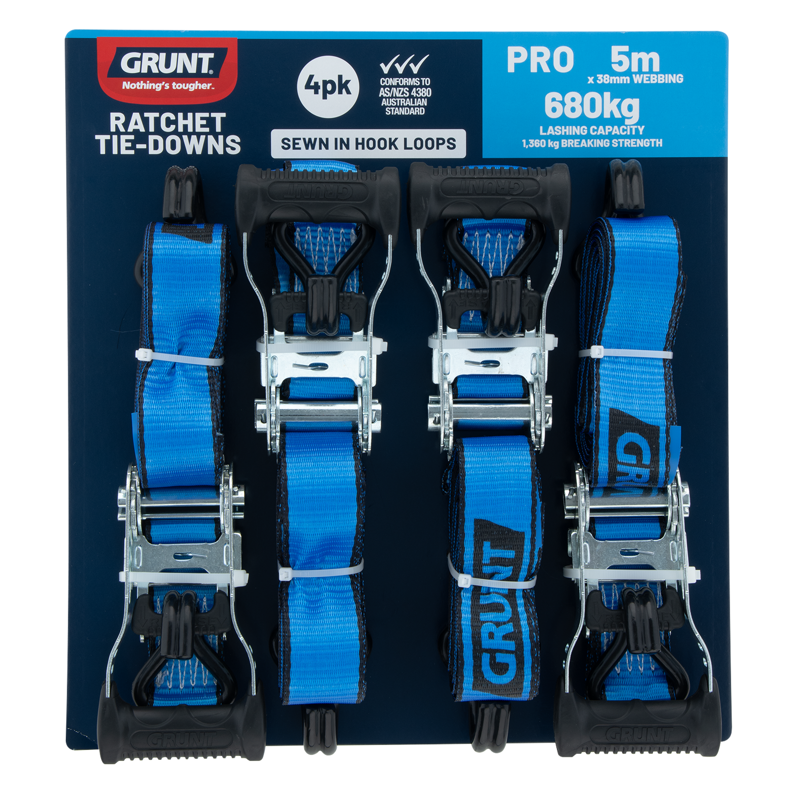 Grunt 38mm x 5m Polyester Ratchet Tie Down Set - 4 Pack