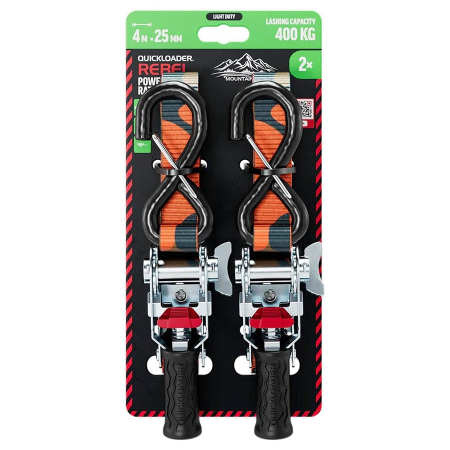 Quickloader Rebel Ratchet Strap 25mm x 4m - 400kg Lashing Capacity - 2 Pack - Orange - SuperSaverAU - view 1