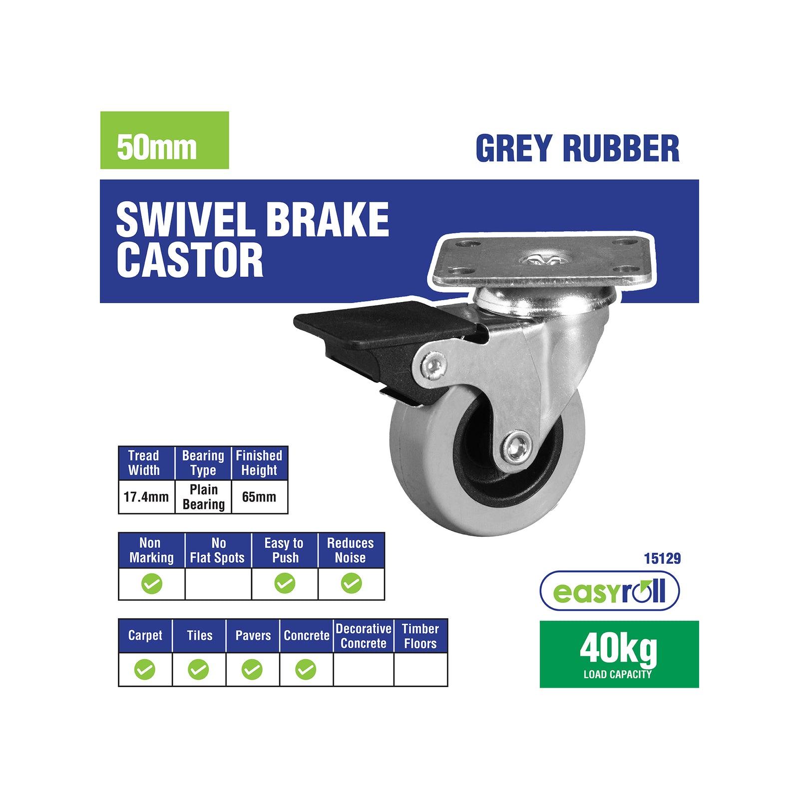 Easyroll 50mm Grey Rubber Heavy Duty Swivel Brake Castor 41kg