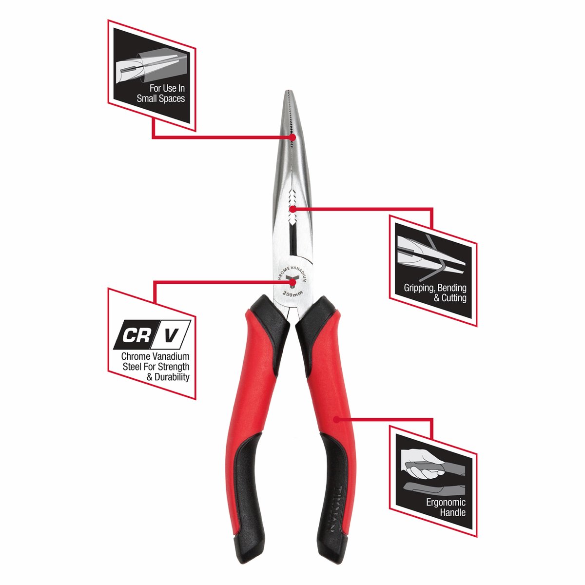 Trojan 200mm Long Nose Bent Plier - Red and Black - Ergonomic Handles - SuperSaverAU - view 3