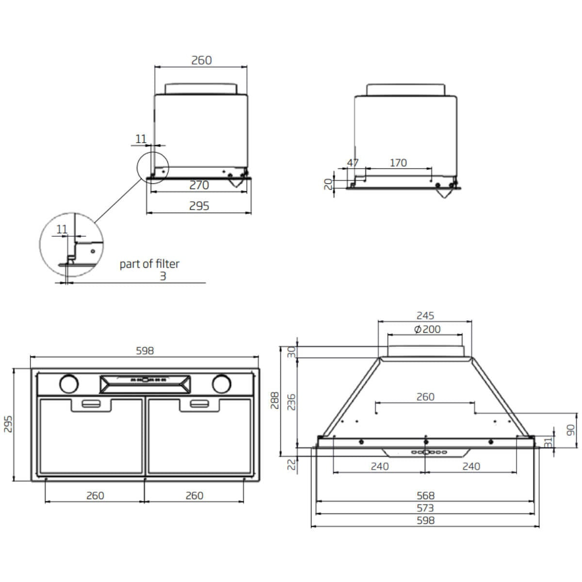 Schweigen 60cm Undermount Rangehood - Stainless Steel, 900m³/h Isodrive ST Motor, 57W - UM1170-6STPAK