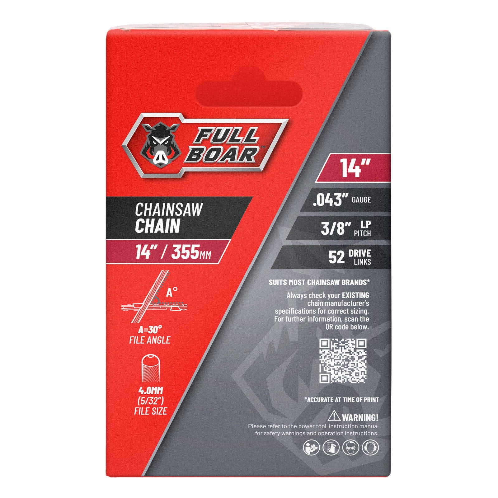 Full Boar 14" / 355mm Chainsaw Chain - 52 Drive Links, 9.53mm Pitch, 0.043 Gauge