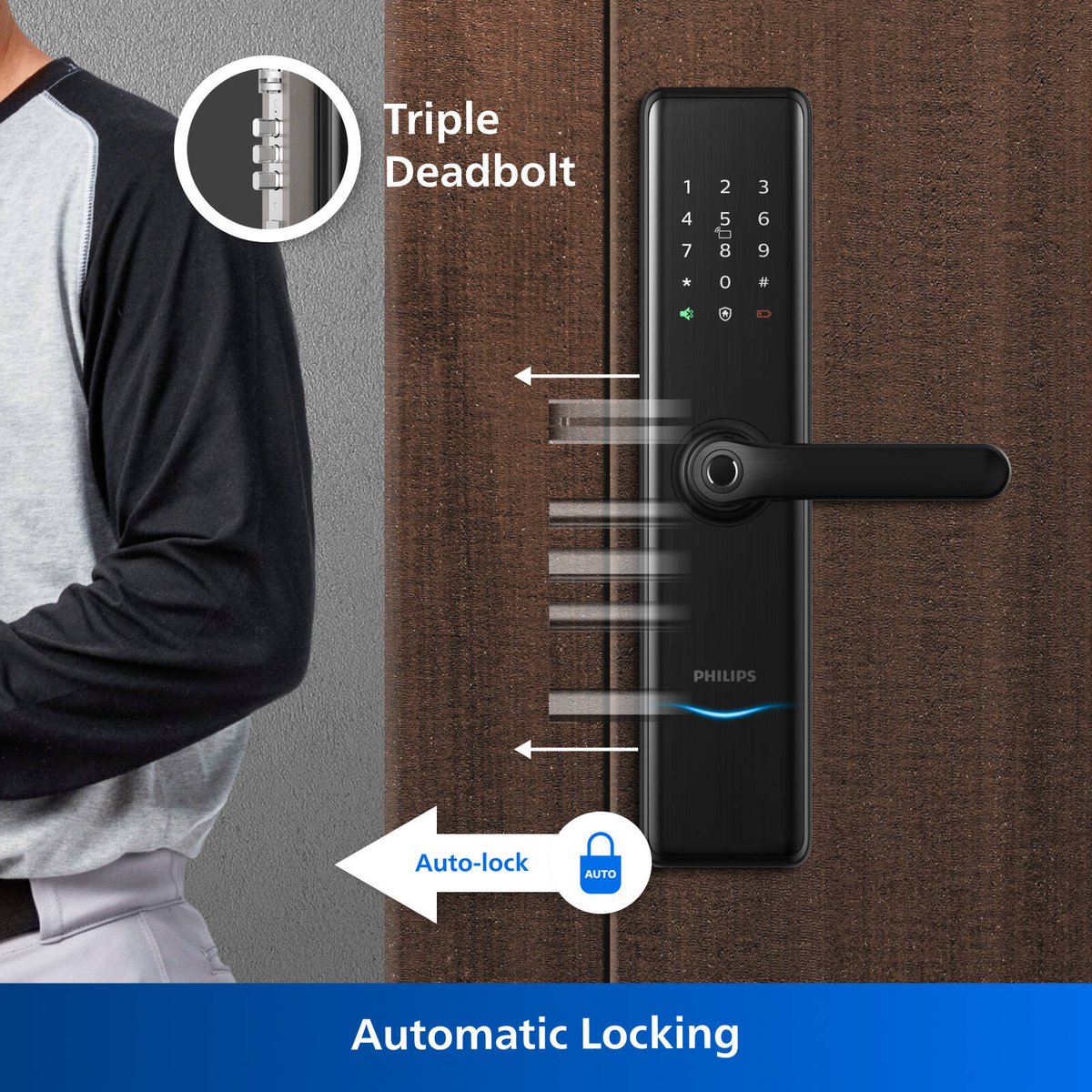 Philips Easykey Bluetooth Mortise Handle Lock - Black - Keyless Entry - 100 Fingerprints - 8 AA Batteries