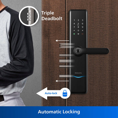 Philips Easykey Bluetooth Mortise Handle Lock - Black - Keyless Entry - 100 Fingerprints - 8 AA Batteries