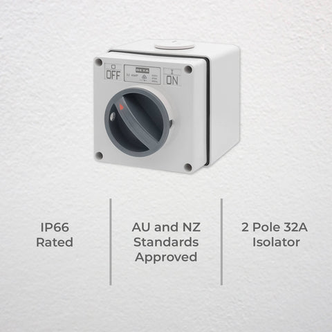 Deta IP66 Weatherproof 2 Pole 32A Isolator Switch, Grey