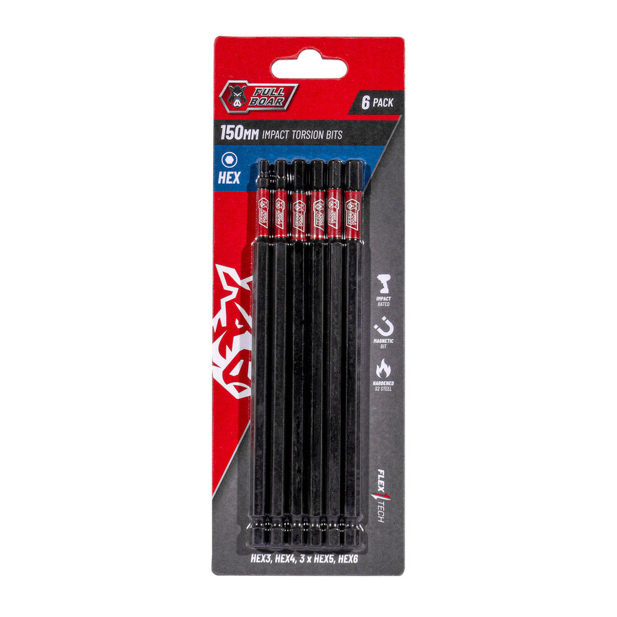 Full Boar HEX x 150mm S2 Steel Magnetic Impact Torsion Bits Set 6 Pack
