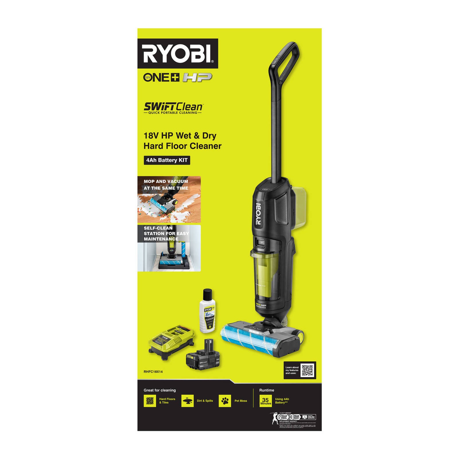 Ryobi 18V ONE+ HP Brushless Wet & Dry Hard Floor Cleaner Kit, Cordless, 4.0Ah, RHFC18X14