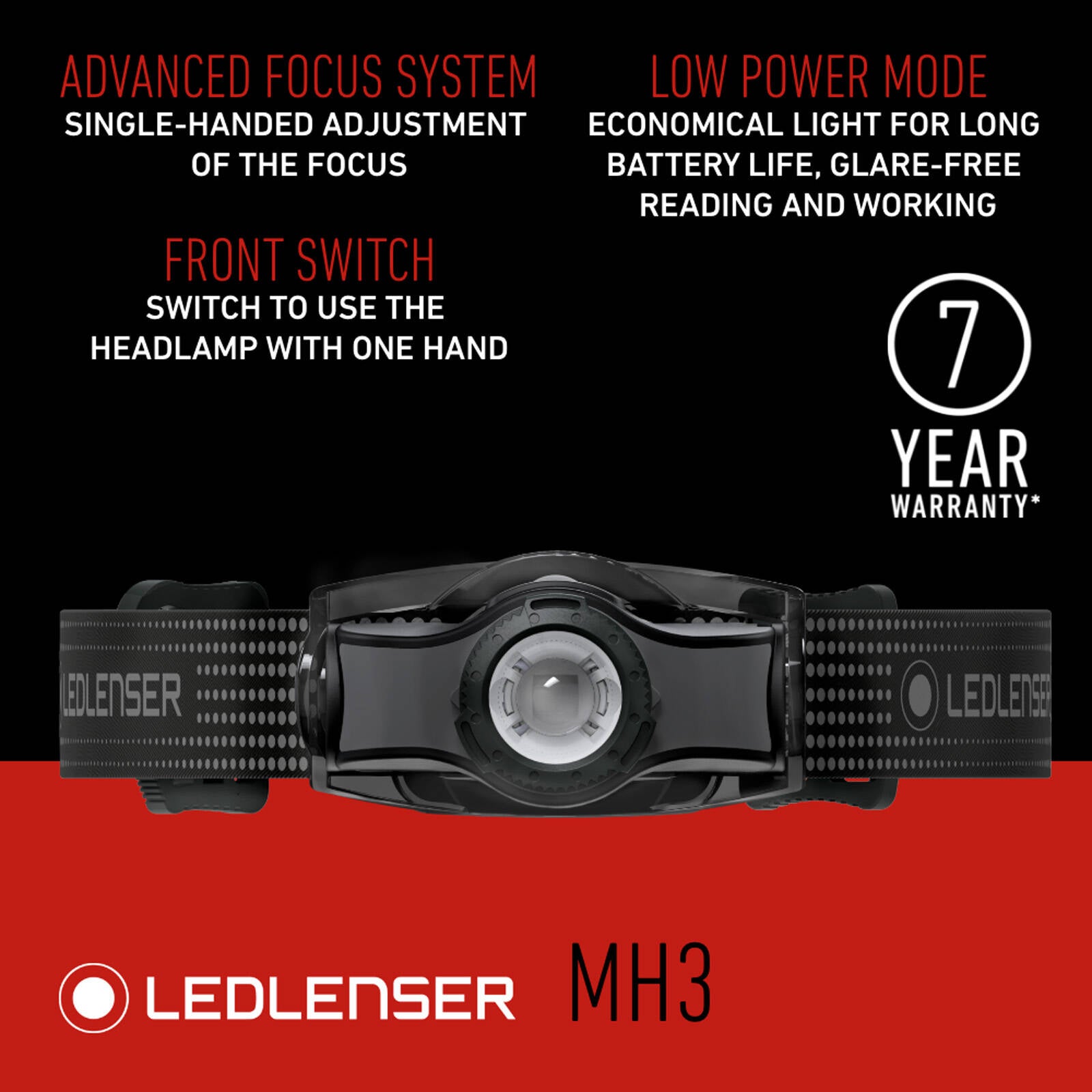 Ledlenser 200lm Rechargeable-Free Zoom LED Headlamp MH3