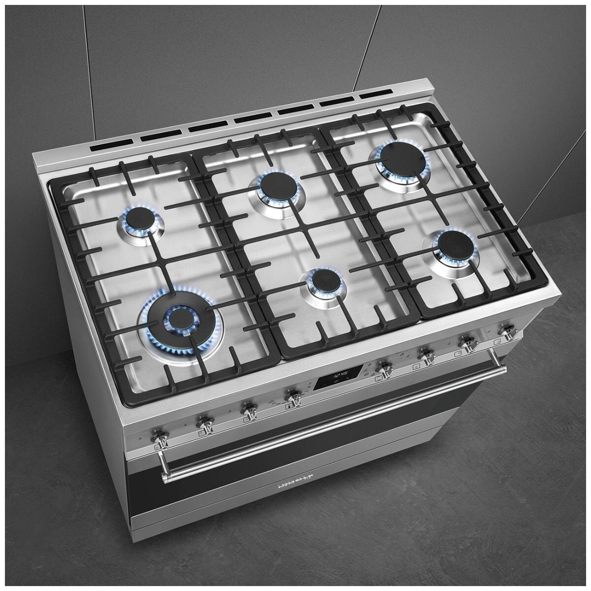 Smeg 90cm Dual Fuel Pyrolytic Freestanding Oven - Six Burner Gas Cooktop, Stainless Steel - CSP9GMXA2