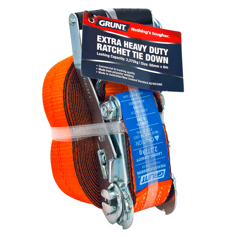 Grunt 50mm x 8m Ratchet Tie Down, Orange Polyester Webbing