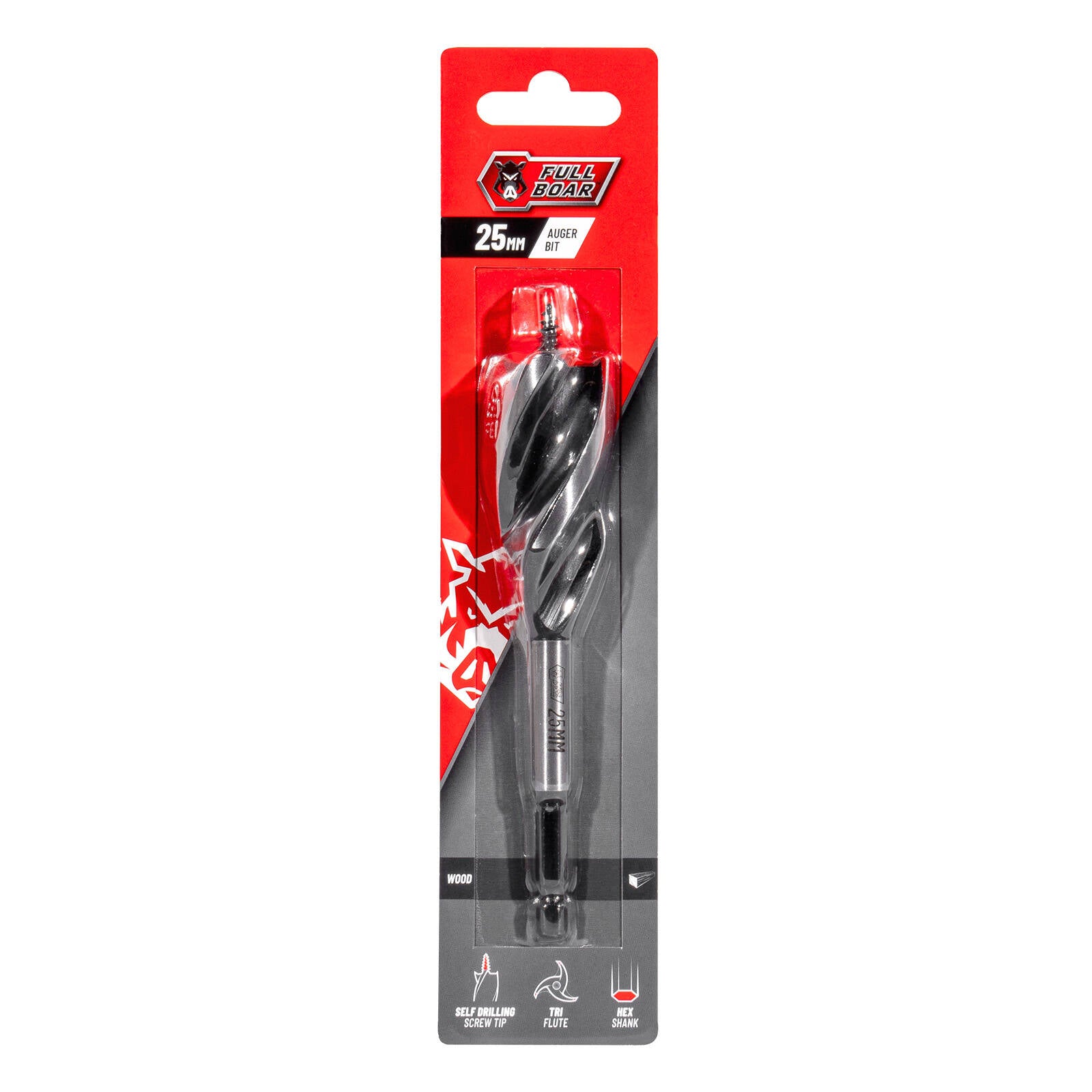 Full Boar 25mm Auger Bit, Steel, 1/4" Hex Shank for Wood Drilling