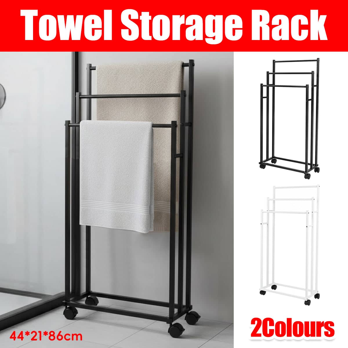 3 Bar Moveable Metal Rack with Wheels Durable Space Saving for Bathroom Bedroom - White - view 2
