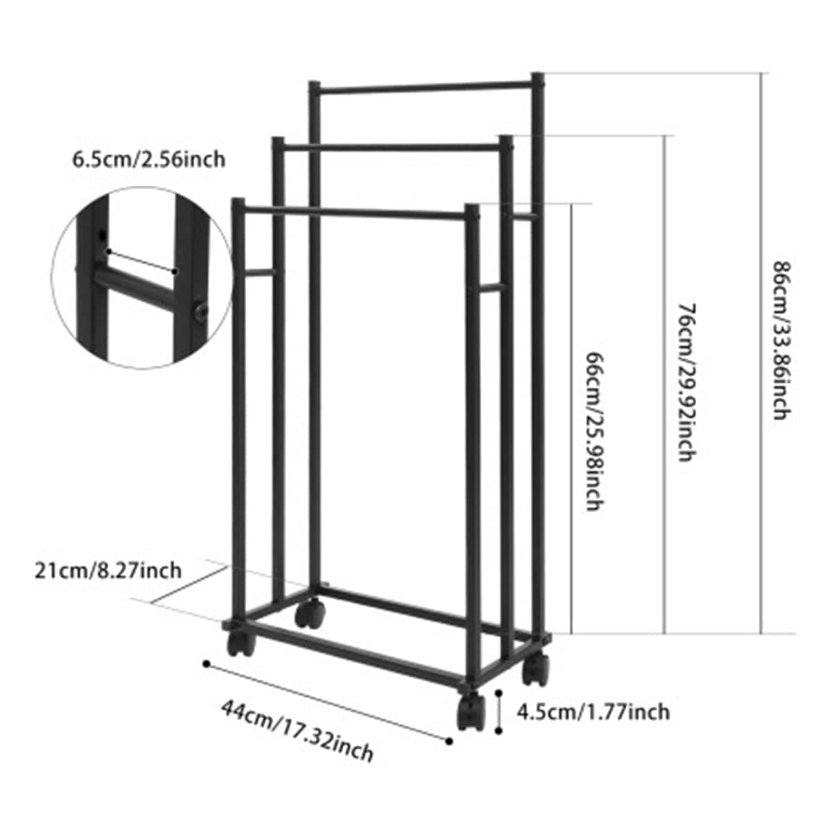 3 Bar Moveable Metal Rack with Wheels Durable Space Saving for Bathroom Bedroom - White - view 4