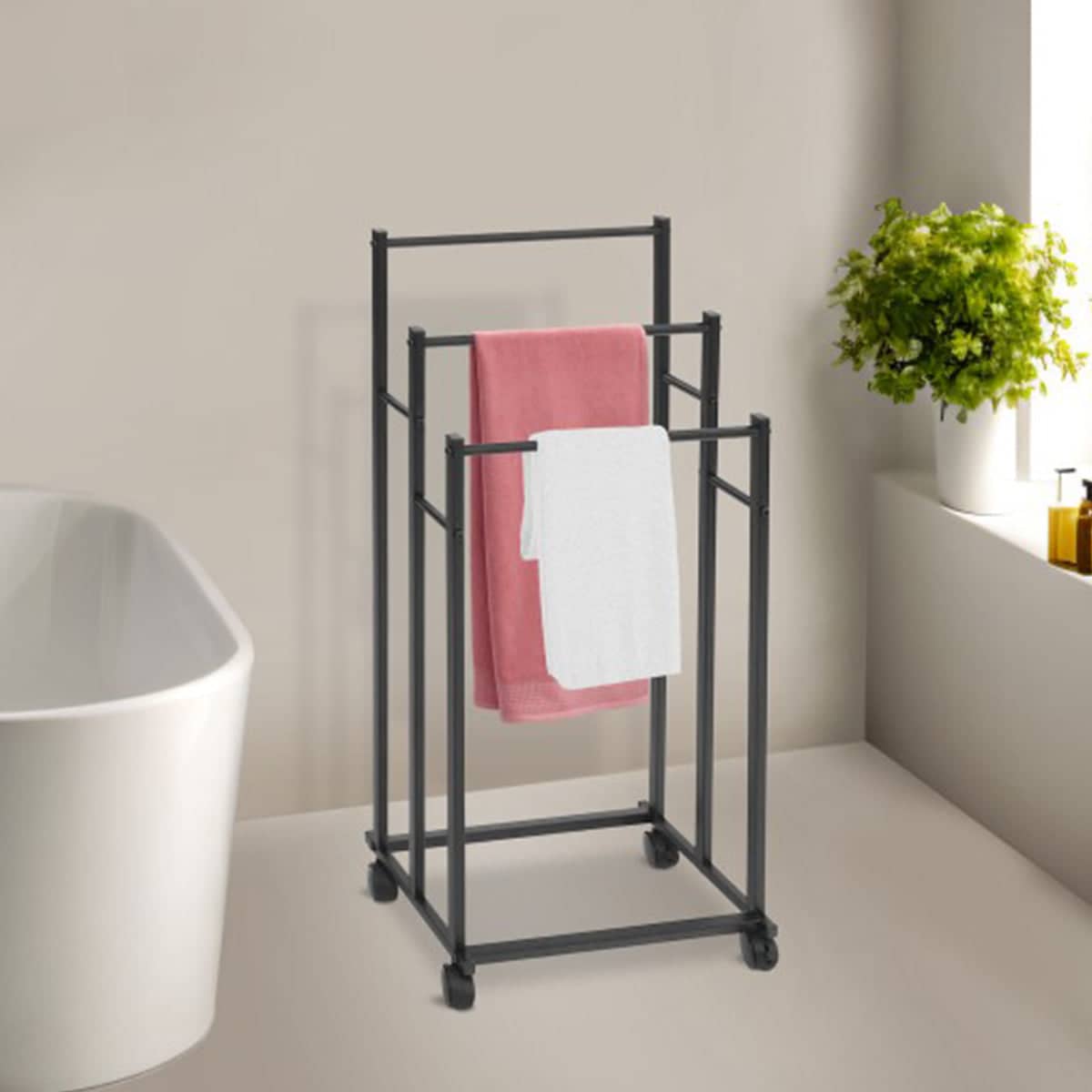 3 Bar Moveable Metal Rack with Wheels Durable Space Saving for Bathroom Bedroom - White - view 5