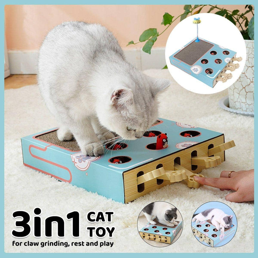 3-In-1 Cat Scratch Board and Play Box with Paw Levers - Blue