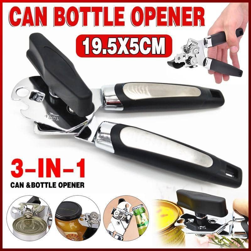 3-In-1 Manual Can and Bottle Opener - Stainless Steel, Black and Silver
