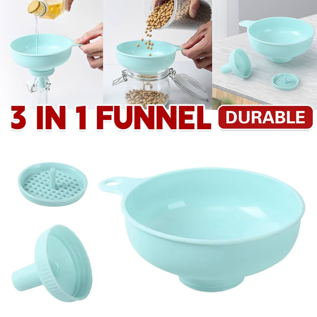 3-In-1 Multi Function Plastic Funnel Set Food Grade for Cooking Baking Liquid - Green