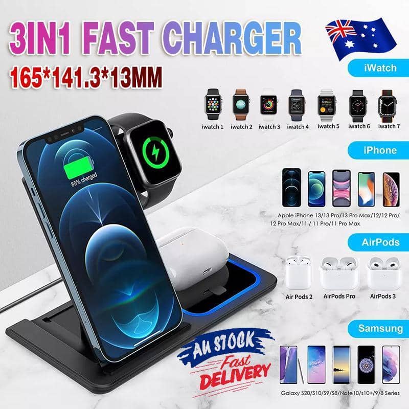 3-In-1 Wireless Charger Dock, 15W Qi Fast Charging for iPhone and Apple Watch
