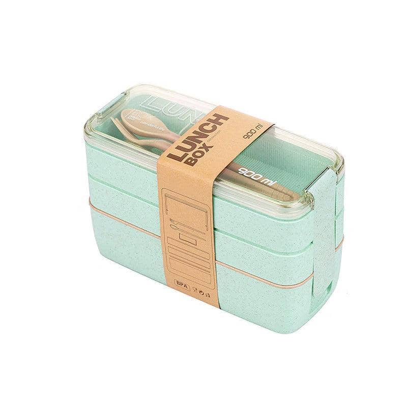 3 Layer Bento Lunch Box 900 ml with Spoon and Fork, Portable Student Lunch Container - Green