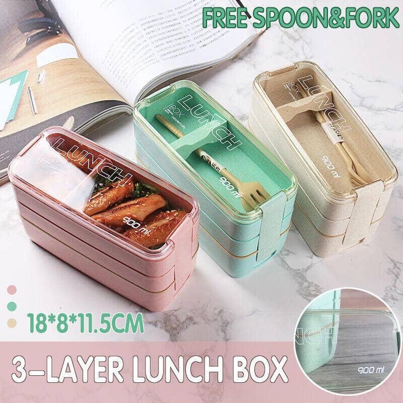 3 Layer Bento Lunch Box 900 ml with Spoon and Fork, Portable Student Lunch Container - Green - view 2