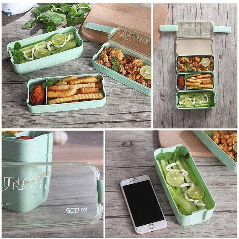 3 Layer Bento Lunch Box 900 ml with Spoon and Fork, Portable Student Lunch Container - Pink - view 5
