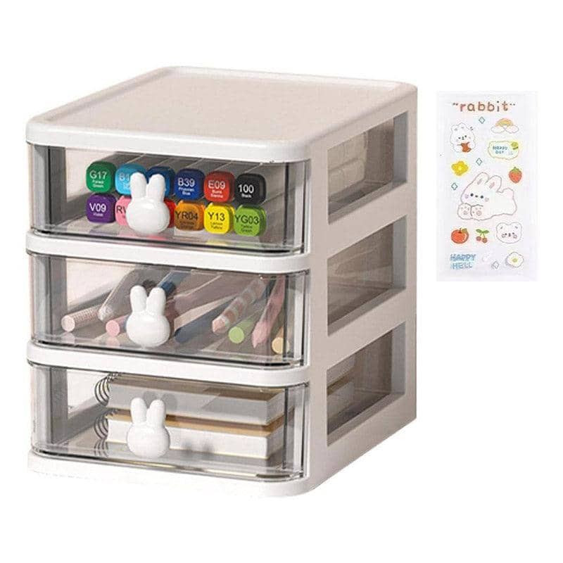 3 Layer Bunny Desktop Organiser with Transparent Drawers for Home Office - White