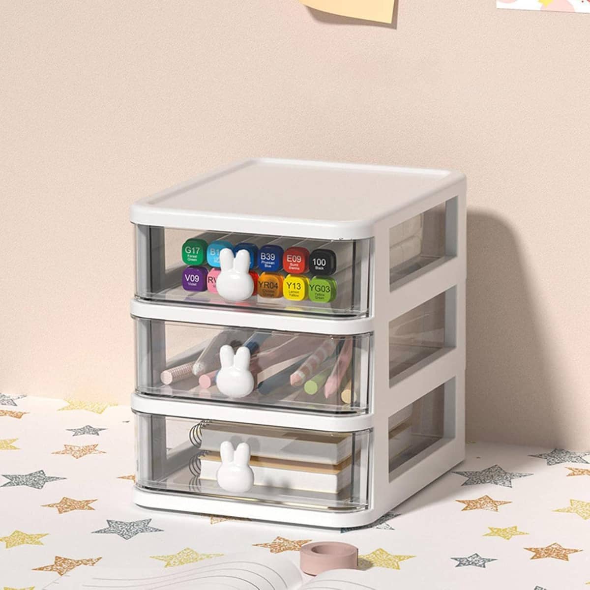 3 Layer Bunny Desktop Organiser with Transparent Drawers for Home Office - White - view 5