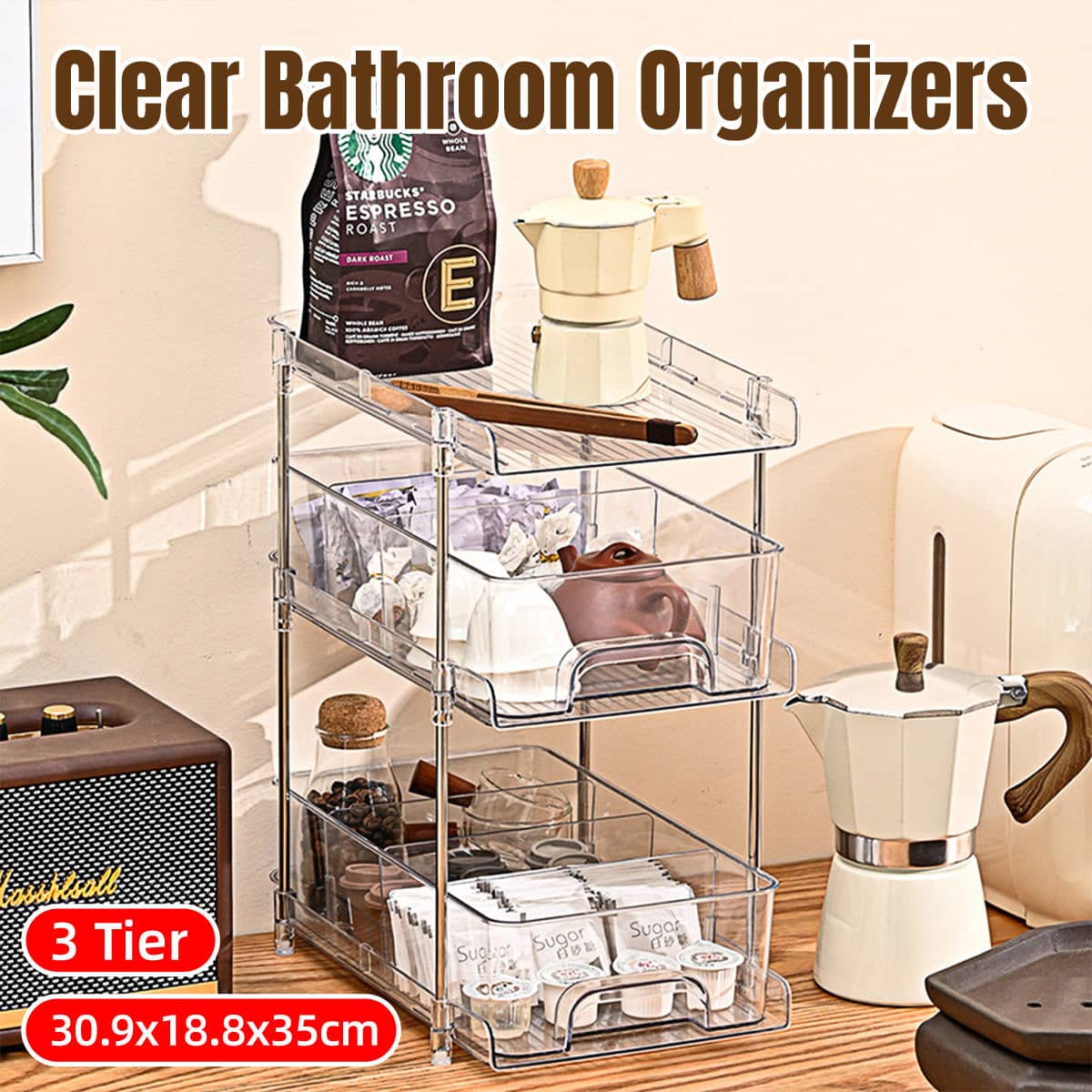 3-Layer Clear Storage Rack with Removable Dividers for Home Organising
