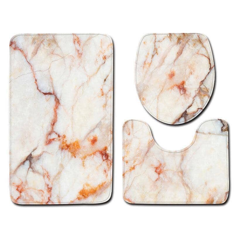 3 Piece Anti-Slip Bathroom Mat Set with Toilet Lid Cover - White and Orange Marble